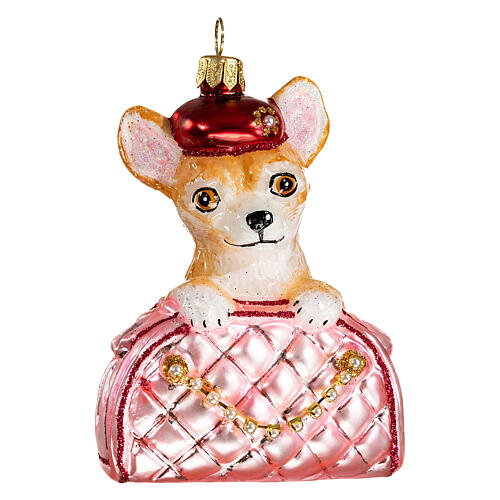 Chihuahua in a bag, blown glass ornament for Christmas tree, 4 in 1