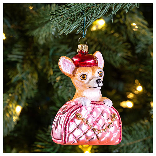 Chihuahua in a bag, blown glass ornament for Christmas tree, 4 in 2