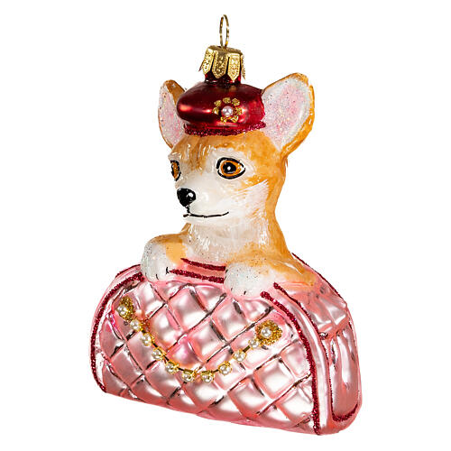 Chihuahua in a bag, blown glass ornament for Christmas tree, 4 in 3