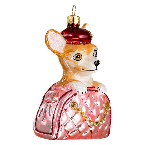 Chihuahua in a bag, blown glass ornament for Christmas tree, 4 in 4