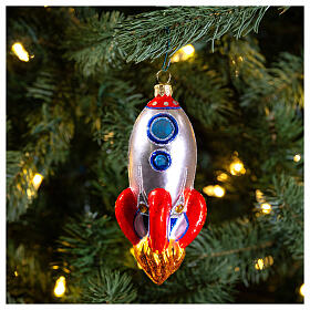 Rocket, blown glass ornament for Christmas tree, 4 in