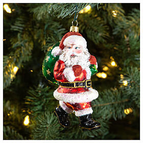 Santa with bag of gifts, blown glass ornament for Christmas tree, 4 in