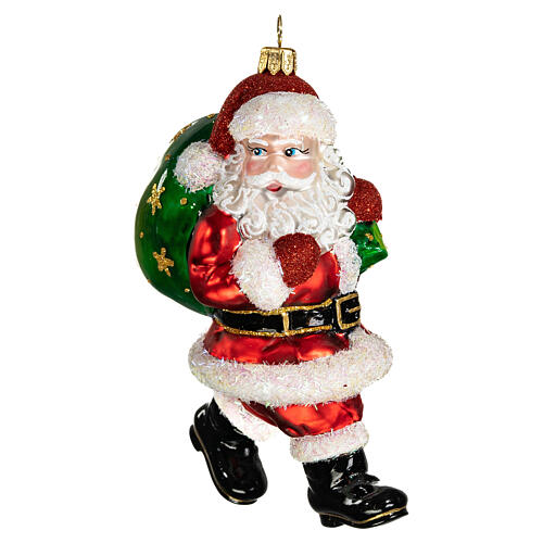 Santa with bag of gifts, blown glass ornament for Christmas tree, 4 in 3