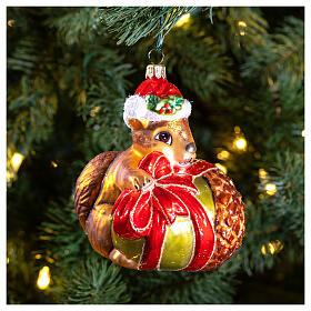 Squirrel with acorn, 4 in, blown glass Christmas ornament