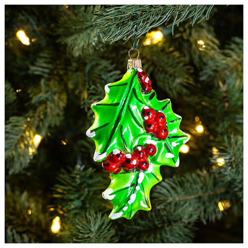 Stechpalmenblätter, Weihnachtsbaumschmuck aus mundgeblasenem Glas, 10 cm 2