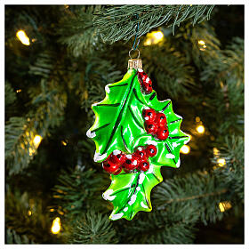 Holly leaves, 4 in, blown glass Christmas ornament