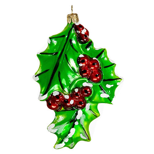 Holly leaves, 4 in, blown glass Christmas ornament 1