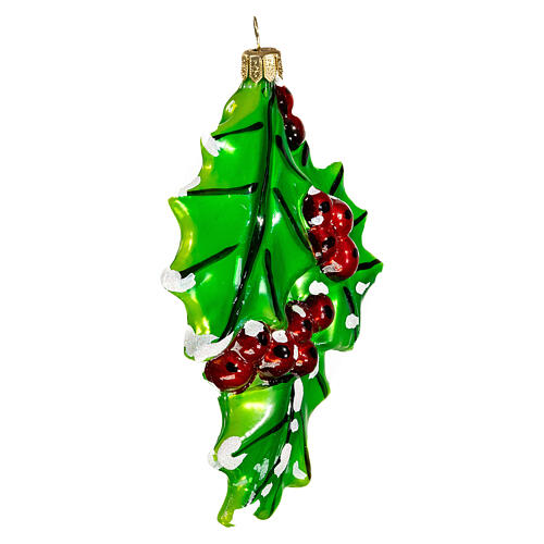 Holly leaves, 4 in, blown glass Christmas ornament 4