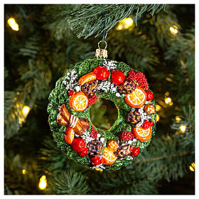 Christmas wreath with fruit, 4 in, blown glass Christmas ornament