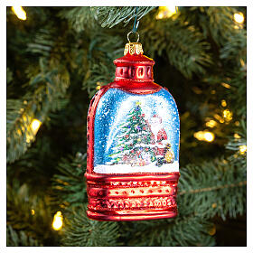 Lantern-shaped snow globe with Santa, 4 in, blown glass Christmas ornament