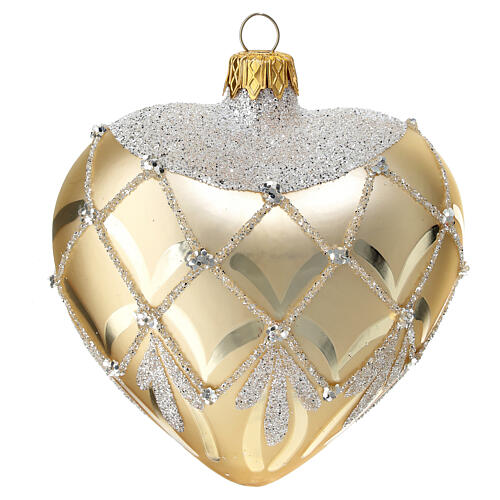 Heart-shaped Christmas ball with decoration, 100 mm, golden blown glass 1