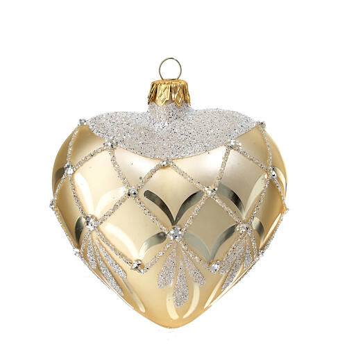 Heart-shaped Christmas ball with decoration, 100 mm, golden blown glass 3