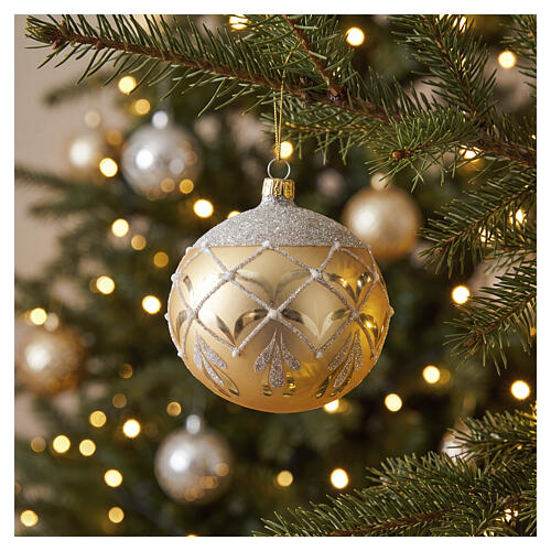 Golden Christmas ball decorated with glitter 100 mm blown glass 2