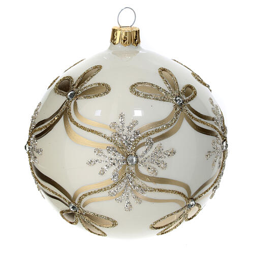 Pallina natalizia vetro soffiato avorio oro 100 mm decorata 1