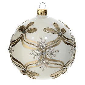 Decorated Christmas ball ivory gold blown glass 100 mm