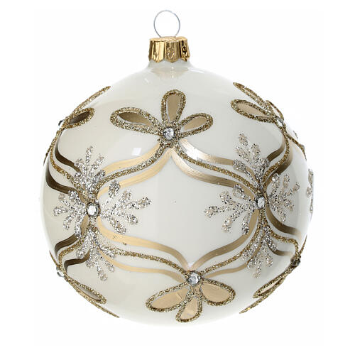 Decorated Christmas ball ivory gold blown glass 100 mm 2