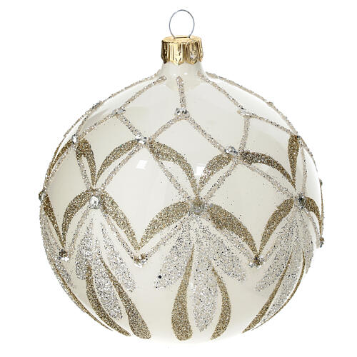 White Christmas ball with glittery patterns, blown glass, 100 mm 1