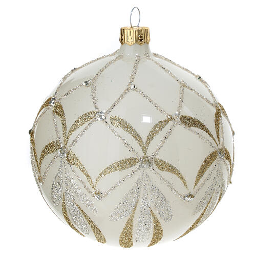 White Christmas ball with glittery patterns, blown glass, 100 mm 2