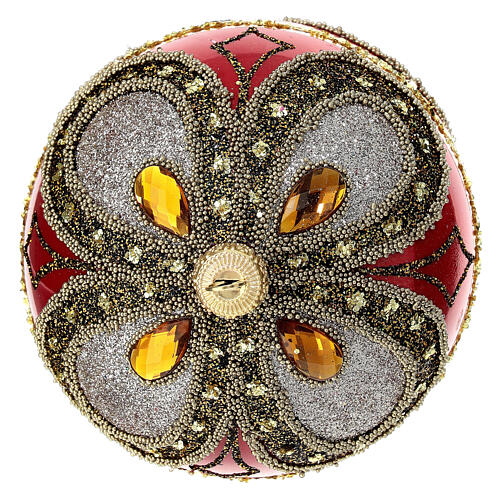 Baumschmuck aus mundgeblasenem Glas, Kugelform, Rot, mit goldfarbenen Verzierungen, silber- und goldfarbener Glitter, Schmucksteine, 100 mm 4