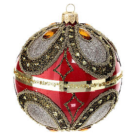 Polished red Christmas ball with glitter and beads, blown glass, 100 mm