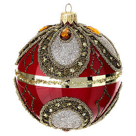 Polished red Christmas ball with glitter and beads, blown glass, 100 mm