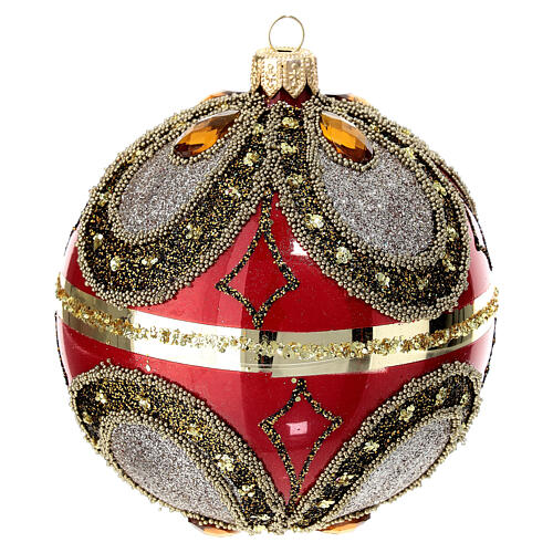 Polished red Christmas ball with glitter and beads, blown glass, 100 mm 1