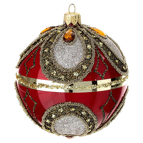 Polished red Christmas ball with glitter and beads, blown glass, 100 mm 2