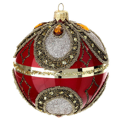 Pallina natalizia rosso lucido vetro soffiato 100 mm ricchi decori 2