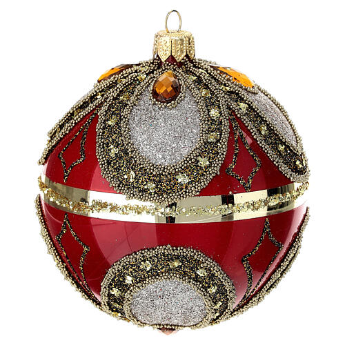 Pallina natalizia rosso lucido vetro soffiato 100 mm ricchi decori 3