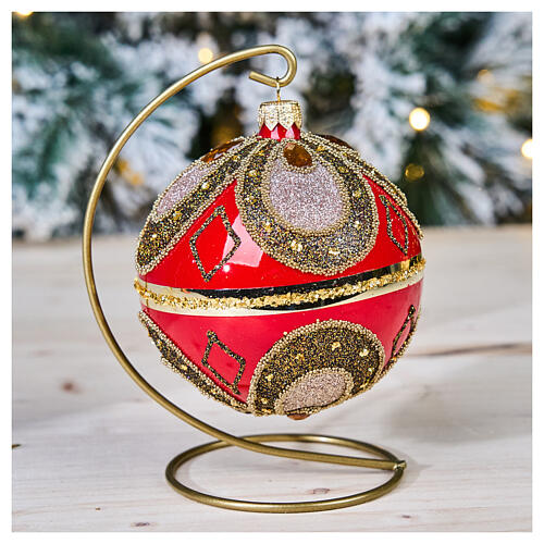 Bola de Natal vidro soprado vermelho 100 mm ricamente decorada 2