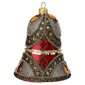 Baumschmuck aus mundgeblasenem Glas, Glockenform, Rot, mit feinen Verzierungen, gold- und silberfarbener Glitter, Schmucksteine, 10x8 cm
