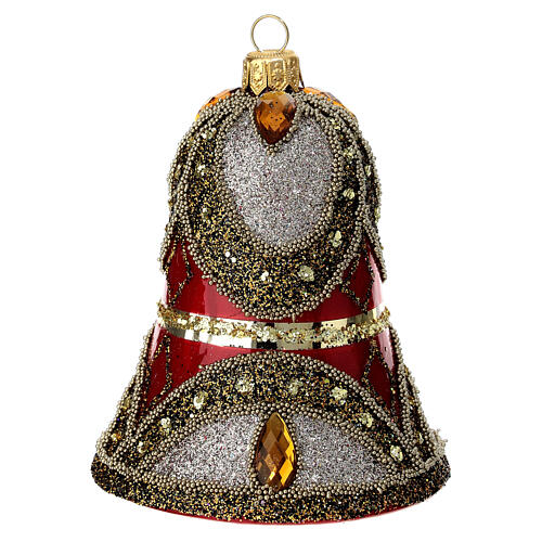 Baumschmuck aus mundgeblasenem Glas, Glockenform, Rot, mit feinen Verzierungen, gold- und silberfarbener Glitter, Schmucksteine, 10x8 cm 3