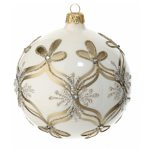 Boule de Noël 120 mm décorée paillettes strass couleur ivoire verre soufflé 1