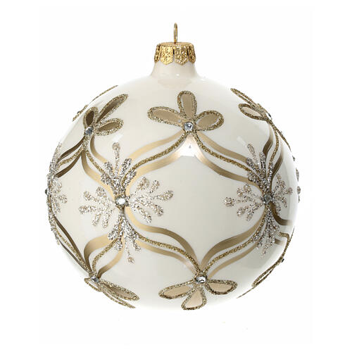 Boule de Noël 120 mm décorée paillettes strass couleur ivoire verre soufflé 2