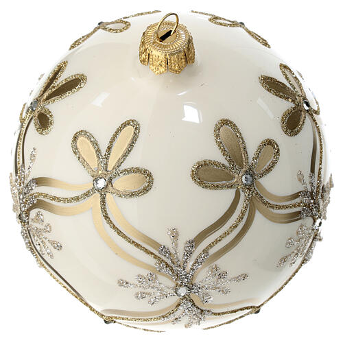 Boule de Noël 120 mm décorée paillettes strass couleur ivoire verre soufflé 3