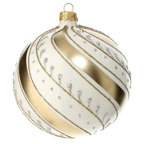 Ivory Christmas ball with golden slanted lines, hand-painted blown glass, 120 mm 1