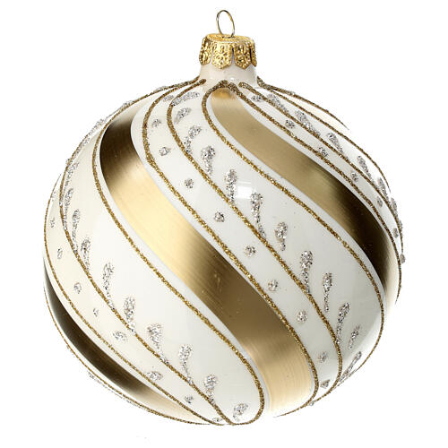 Ivory Christmas ball with golden slanted lines, hand-painted blown glass, 120 mm 2