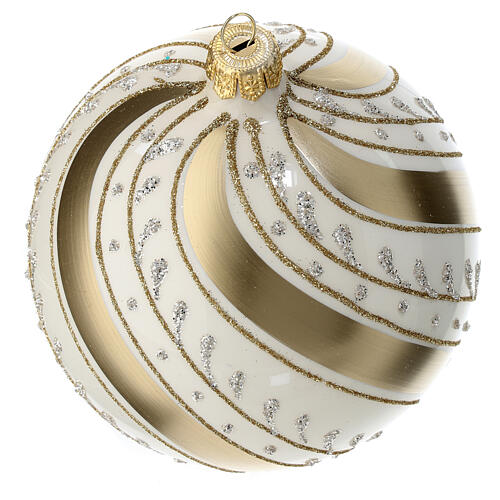 Ivory Christmas ball with golden slanted lines, hand-painted blown glass, 120 mm 3