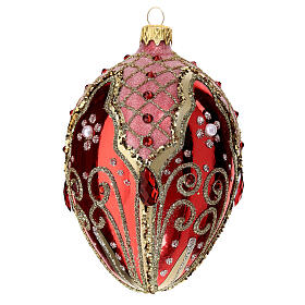 Baumschmuck aus mundgeblasenem Glas, Eiform, Rot, mit feinen Verzierungen aus silber-/gold- und rosafarbenen Glitter, Schmucksteine, 8 cm