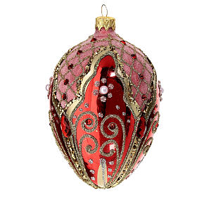 Red gold Christmas bauble 80 mm decorated with blown glass