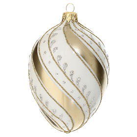 Pinecone-shaped Christmas ball, ivory with golden slanted lines, blown glass, 100 mm