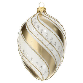 Pinecone-shaped Christmas ball, ivory with golden slanted lines, blown glass, 100 mm