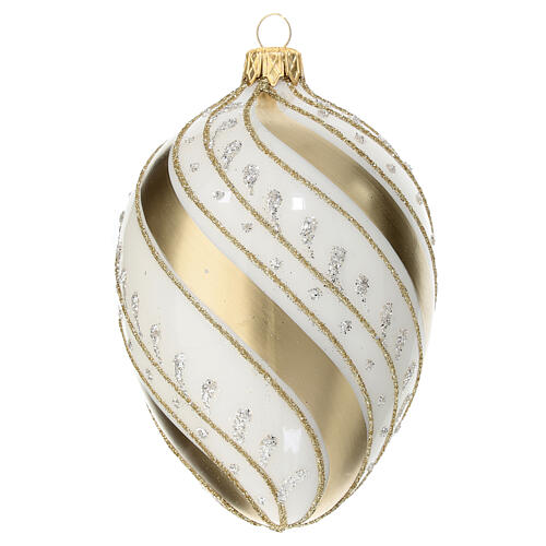 Pinecone-shaped Christmas ball, ivory with golden slanted lines, blown glass, 100 mm 2