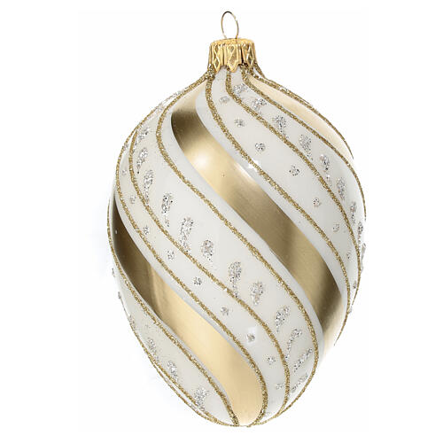 Pinecone-shaped Christmas ball, ivory with golden slanted lines, blown glass, 100 mm 3
