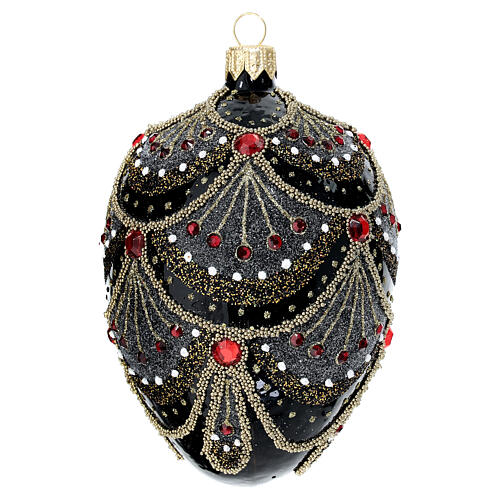 Black pinecone-shaped Christmas ball with red rhinestones, 80 mm, blown glass 1
