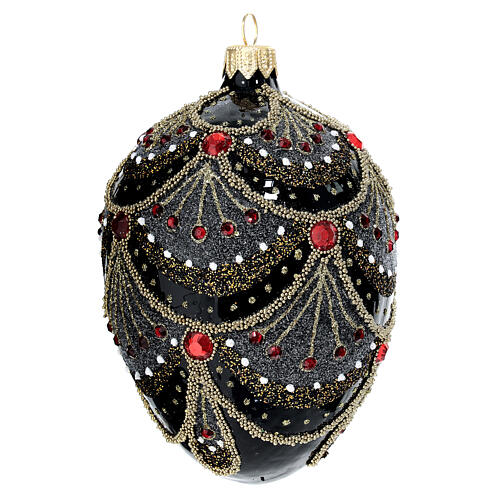 Black pinecone-shaped Christmas ball with red rhinestones, 80 mm, blown glass 3
