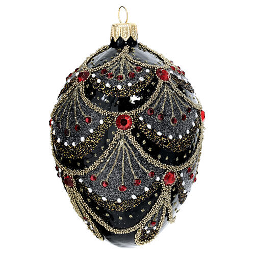 Pallina natalizia nera ovale strass rossi 80 mm vetro soffiato 2