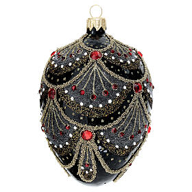 Oval black Christmas bauble with red rhinestones 80 mm blown glass