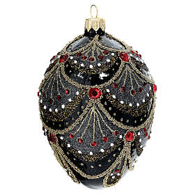 Oval black Christmas bauble with red rhinestones 80 mm blown glass