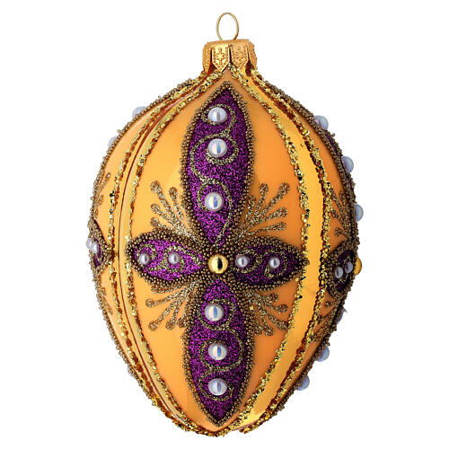 Baumschmuck aus mundgeblasenem Glas, Eiform, Creme, mit goldfarbenen Verzierungen, goldfarbener und violetter Glitter, Schmucksteine, 80 mm 1